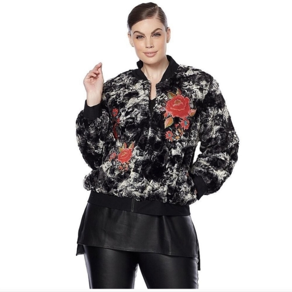 Natori Floral Faux Fur‎ Full Zip Bomber Jacket
